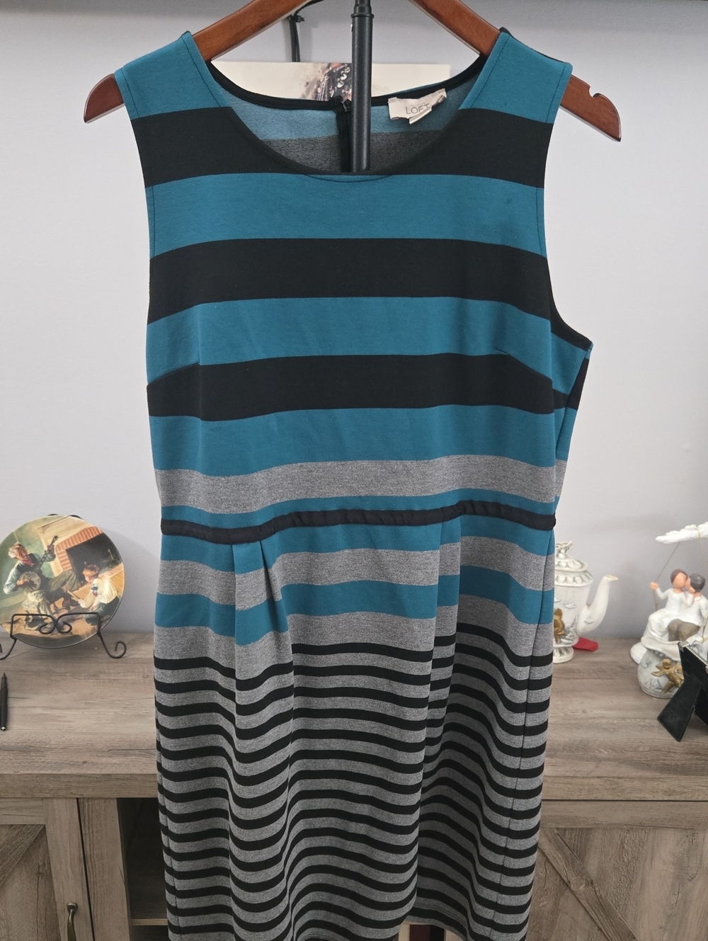LOFT Teal, Black & Gray Striped Sleeveless Dress